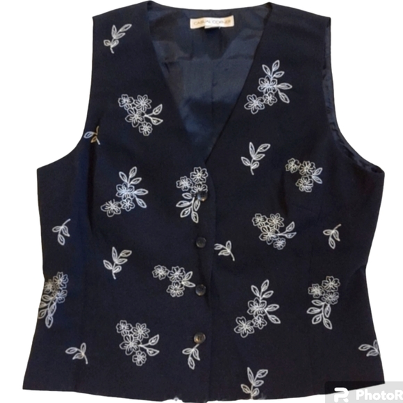 Vintage 90s Vest Embroidered 14 Black White Floral Casual Corner - Picture 1 of 7